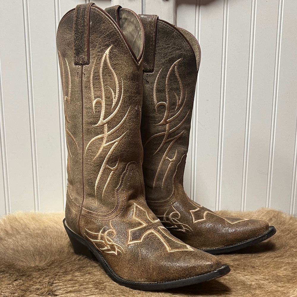 Justin Tribal Cross Western Cowboy Boots 6 - Picture 2 of 9